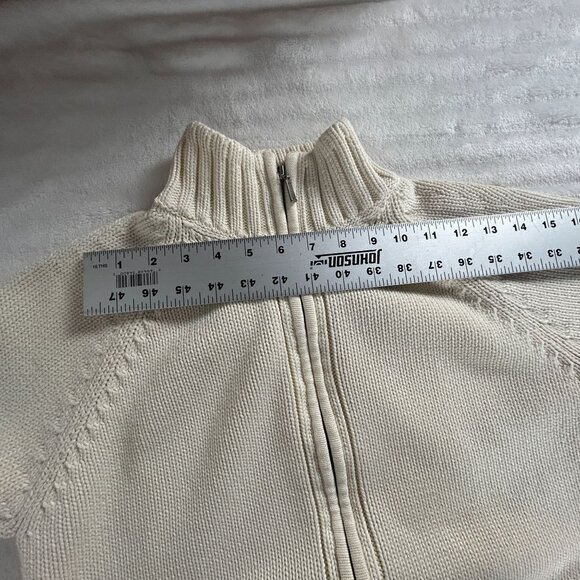 Lands' End Women Full-Zip Cardigan Sweater Cream Cotton Knit Casual Medium 10-12 - Picture 4 of 6